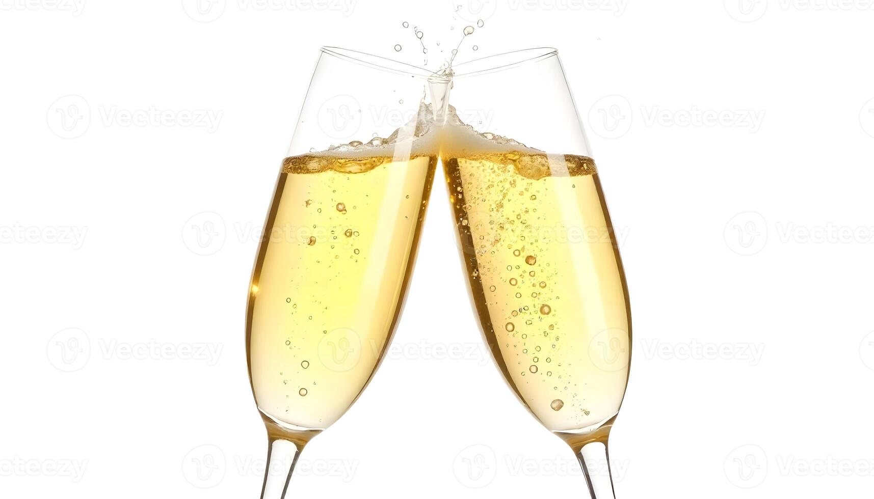 Two champagne glasses clink together, creating a celebratory splash on a white backdrop. photo