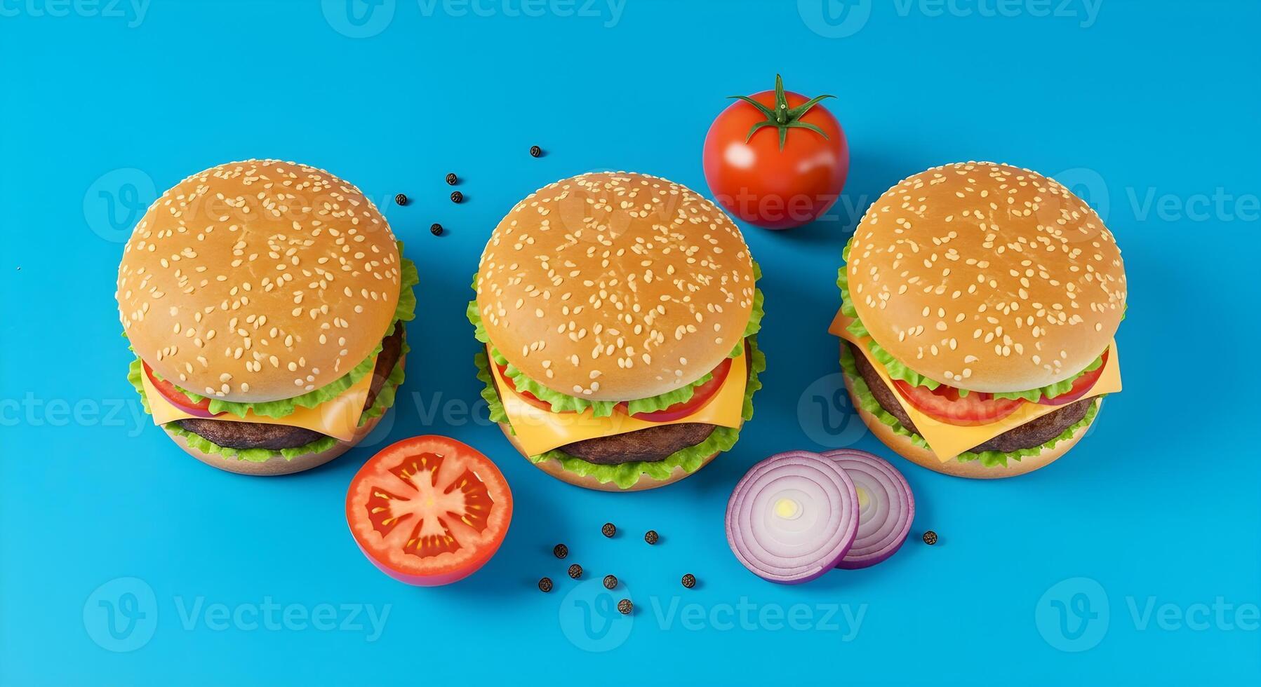 Three appetizing cheeseburgers, with fresh ingredients, arranged on a bright blue surface. photo