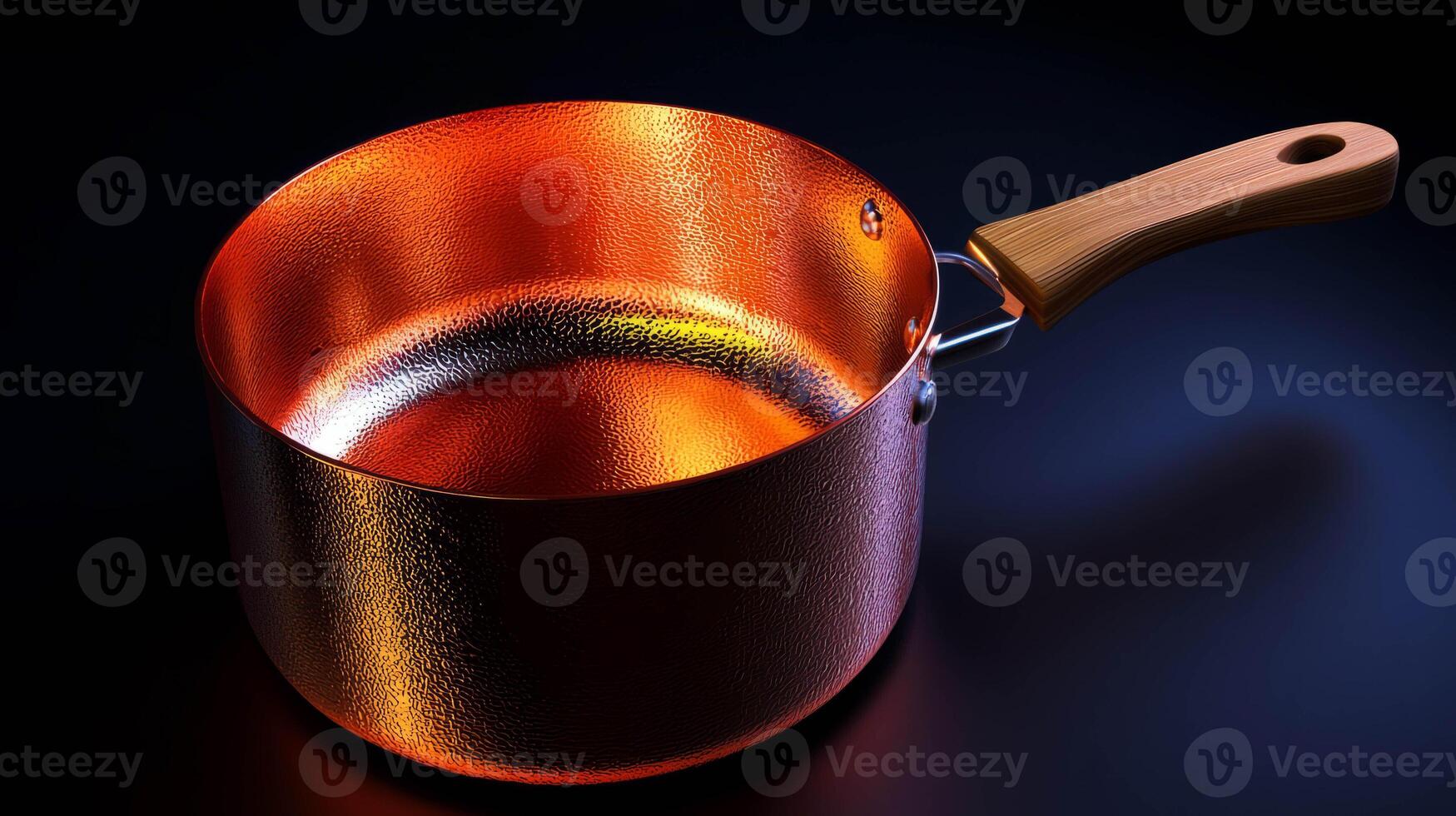 Realistic copper pot with wooden handle on dark background for kitchen decor and design. photo