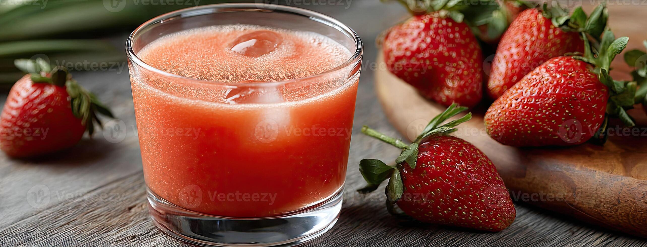 A glass of juice with strawberries on a wooden table photo