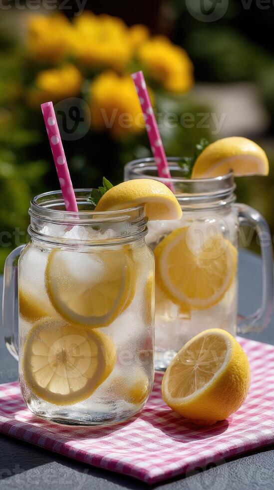 Two mason jars with lemon slices and straws photo