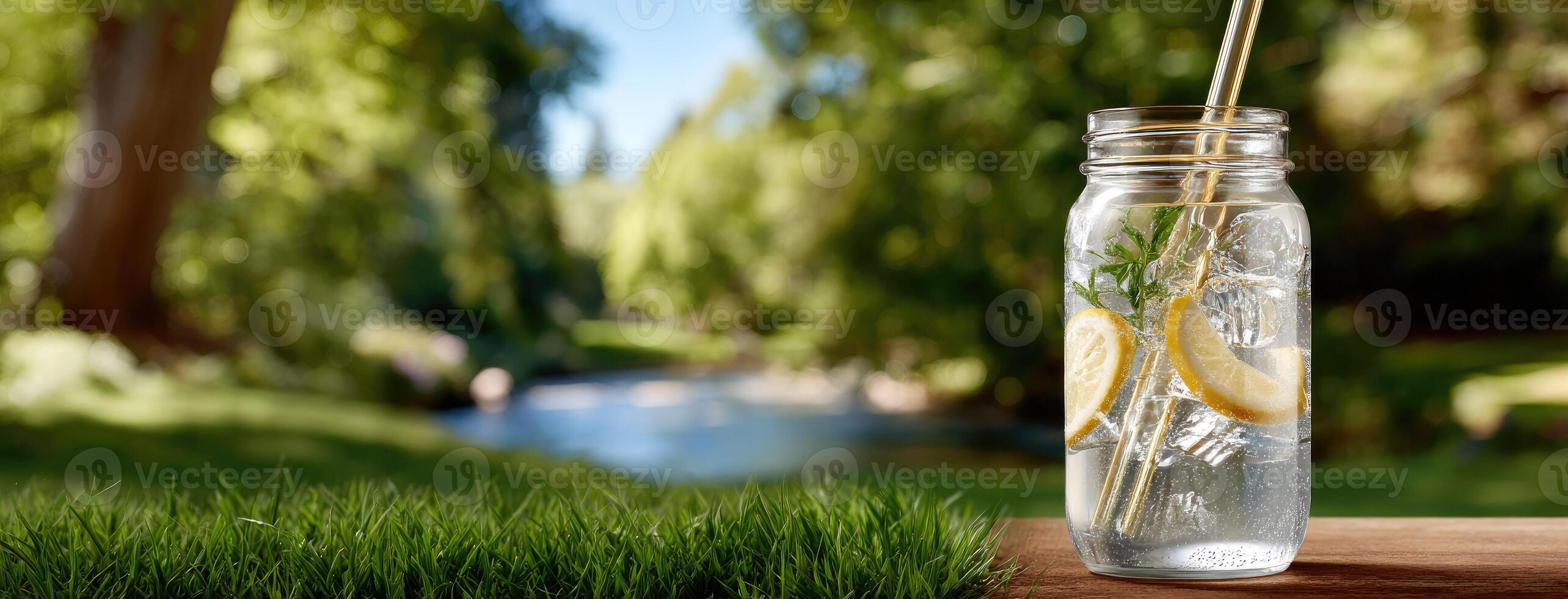 A glass with water and lemon slices in it photo
