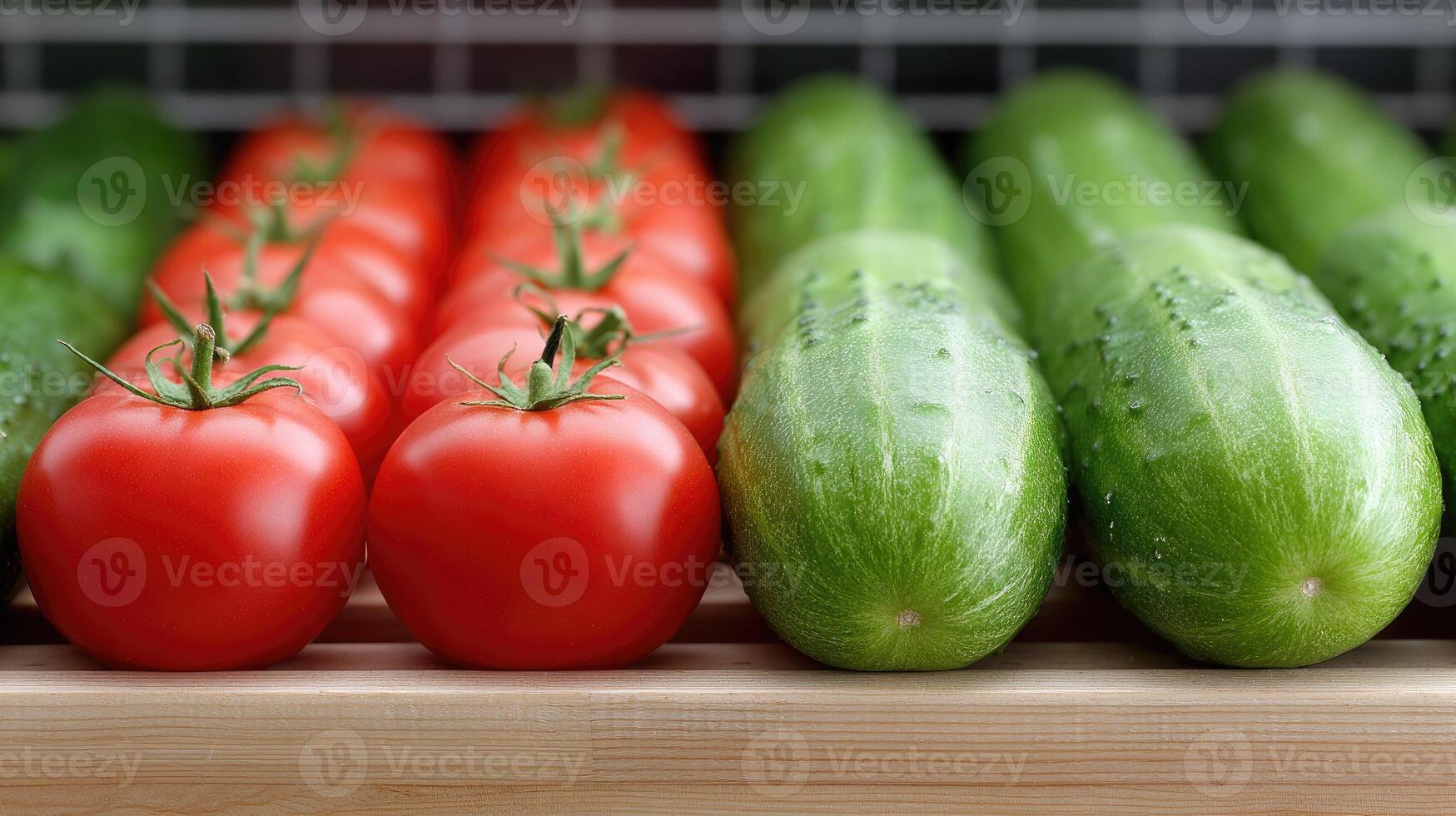 Tomatoes and cucumbers are on a shelf photo