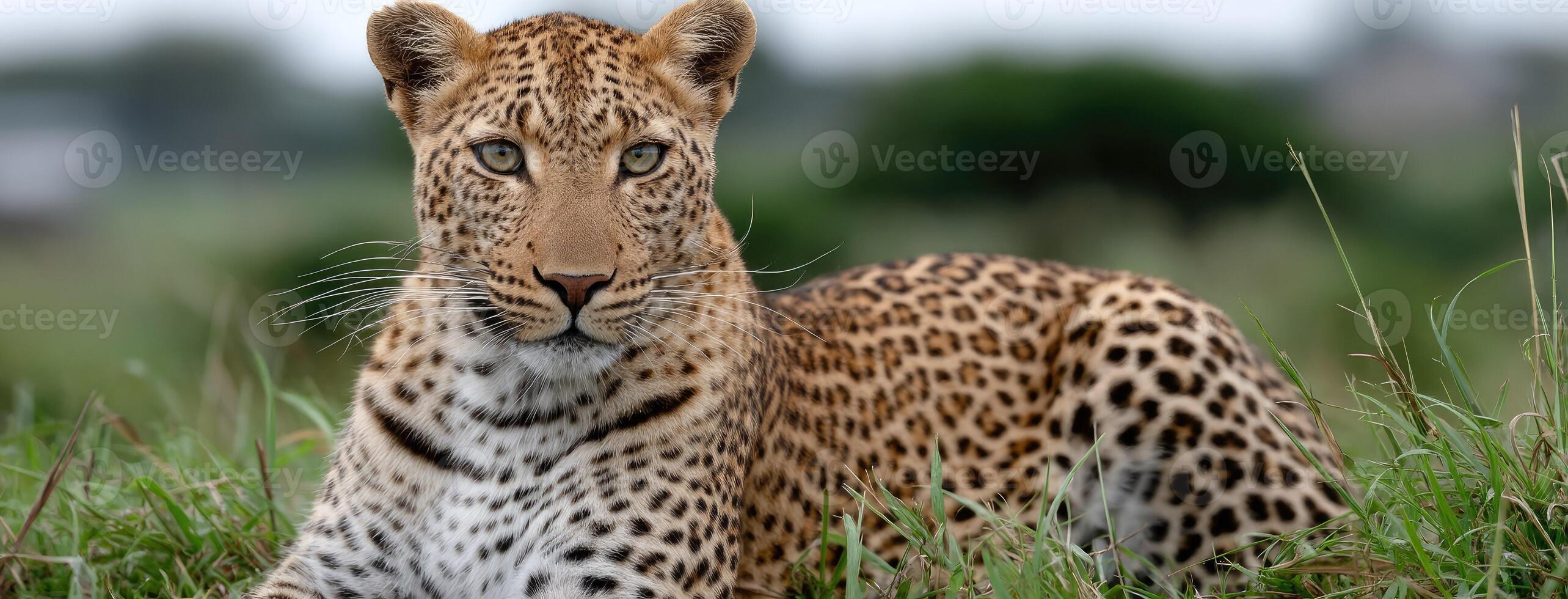 A leopard is sitting in the grass photo