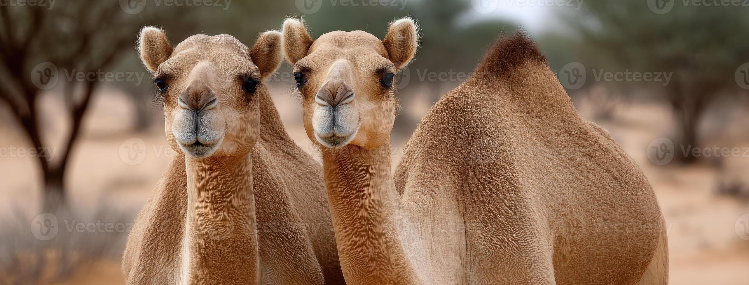 Two camels standing in the desert with trees in the background photo