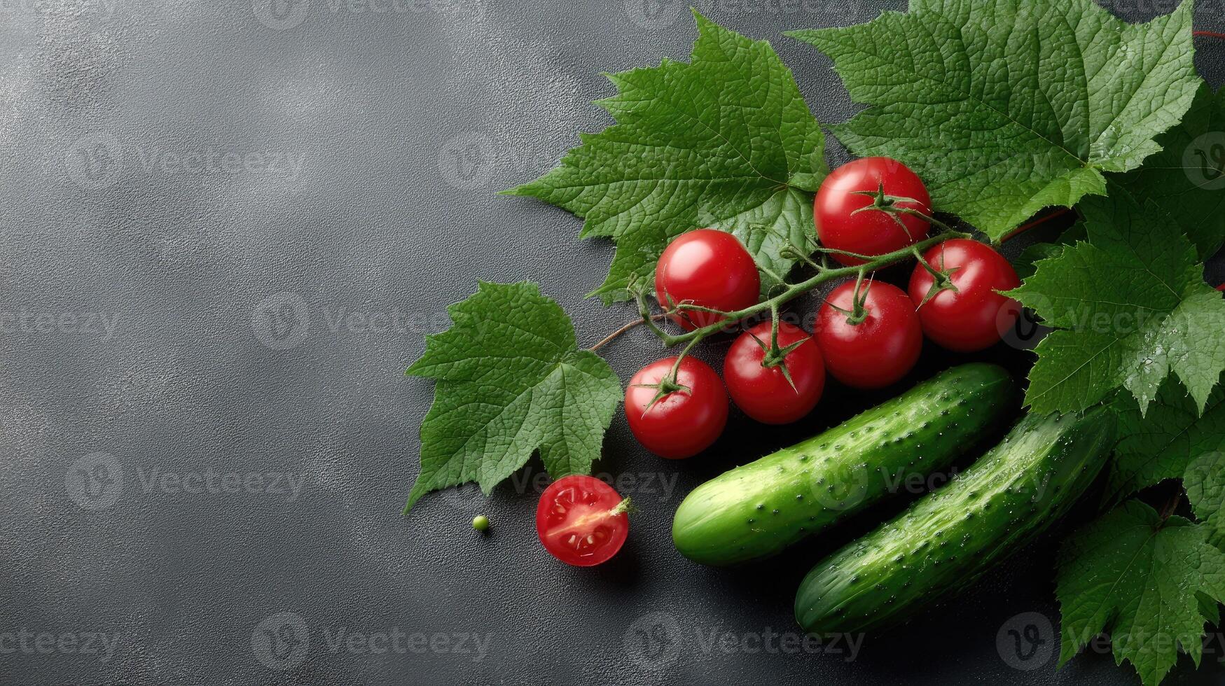 Fresh tomatoes, cucumbers and leaves on a dark background photo