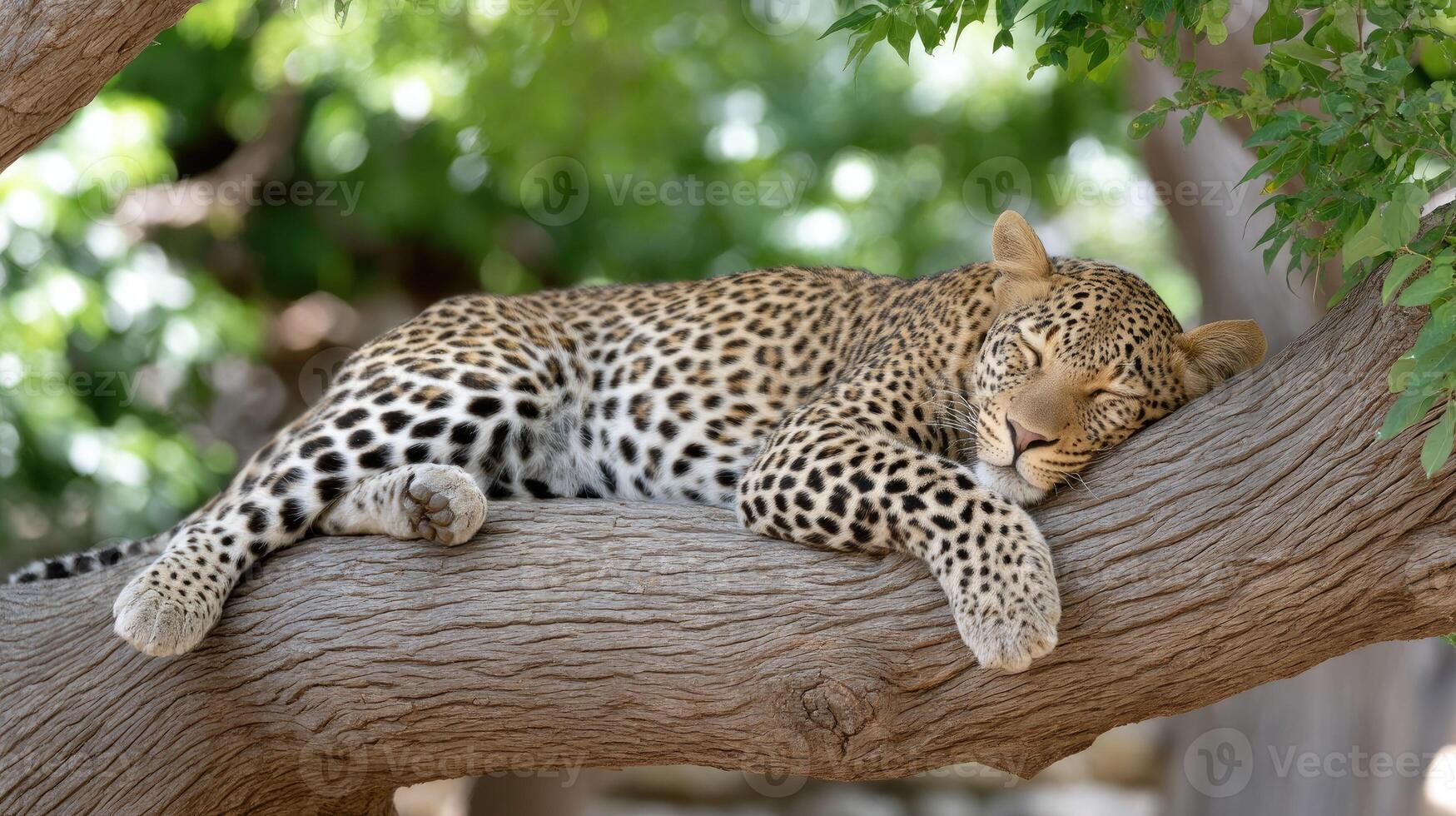 A leopard is sleeping on a tree branch photo