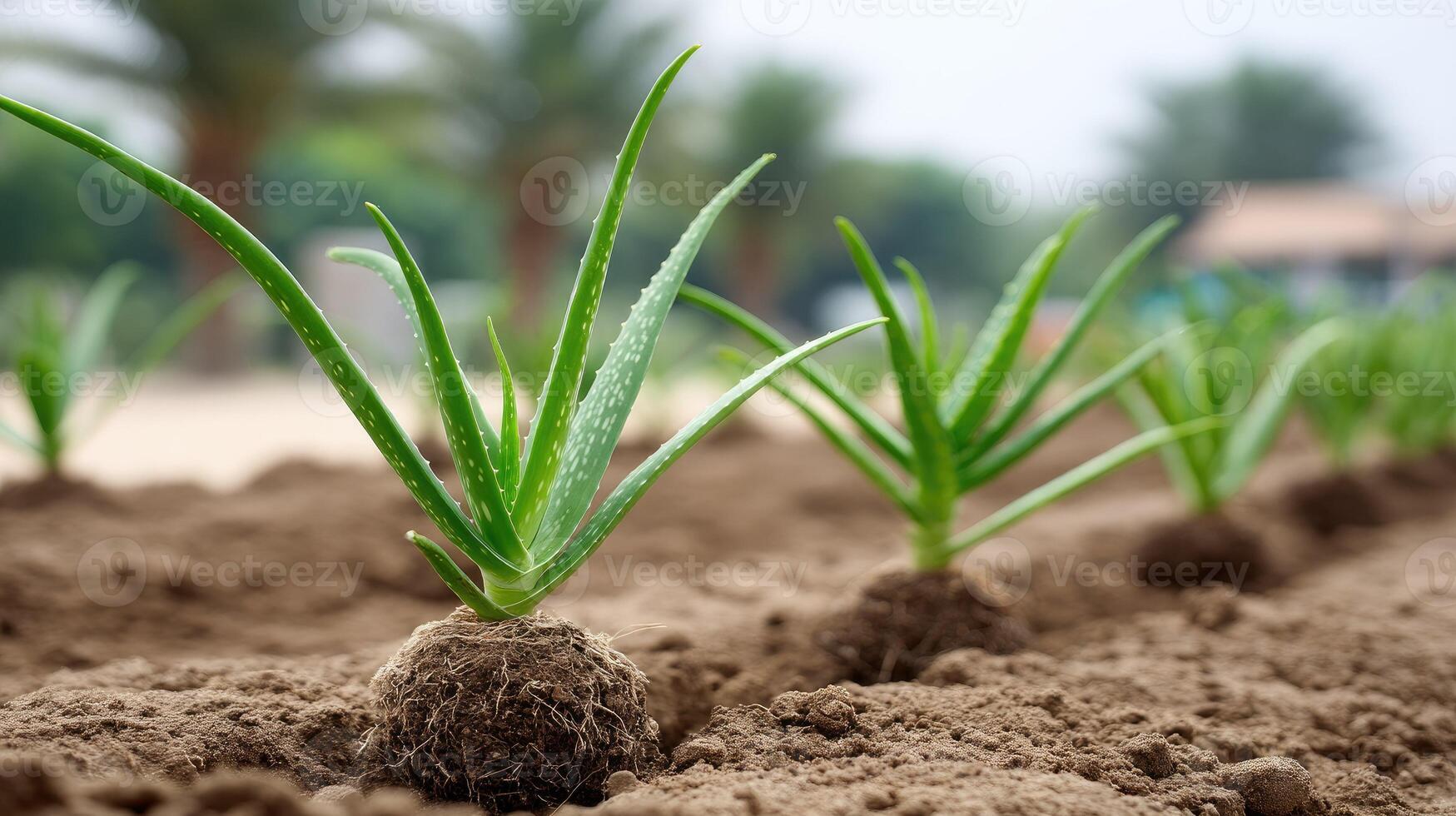 Aloe vera plants growing in the soil photo