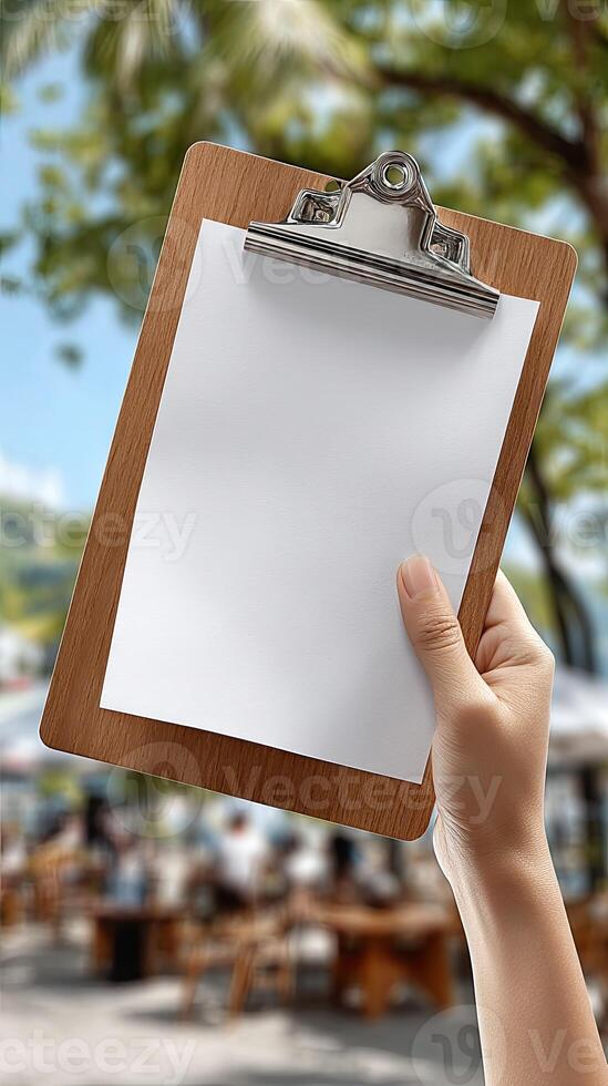 A person holding a clipboard with a blank paper on it photo