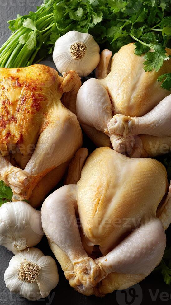 Three chicken legs and garlic on a black table photo