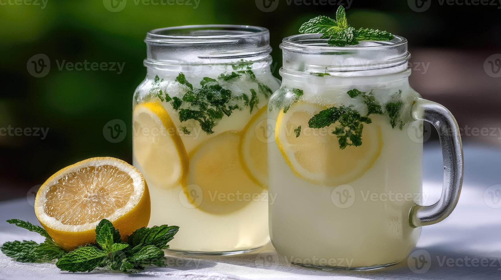 Two mason jars with lemonade and mint leaves photo