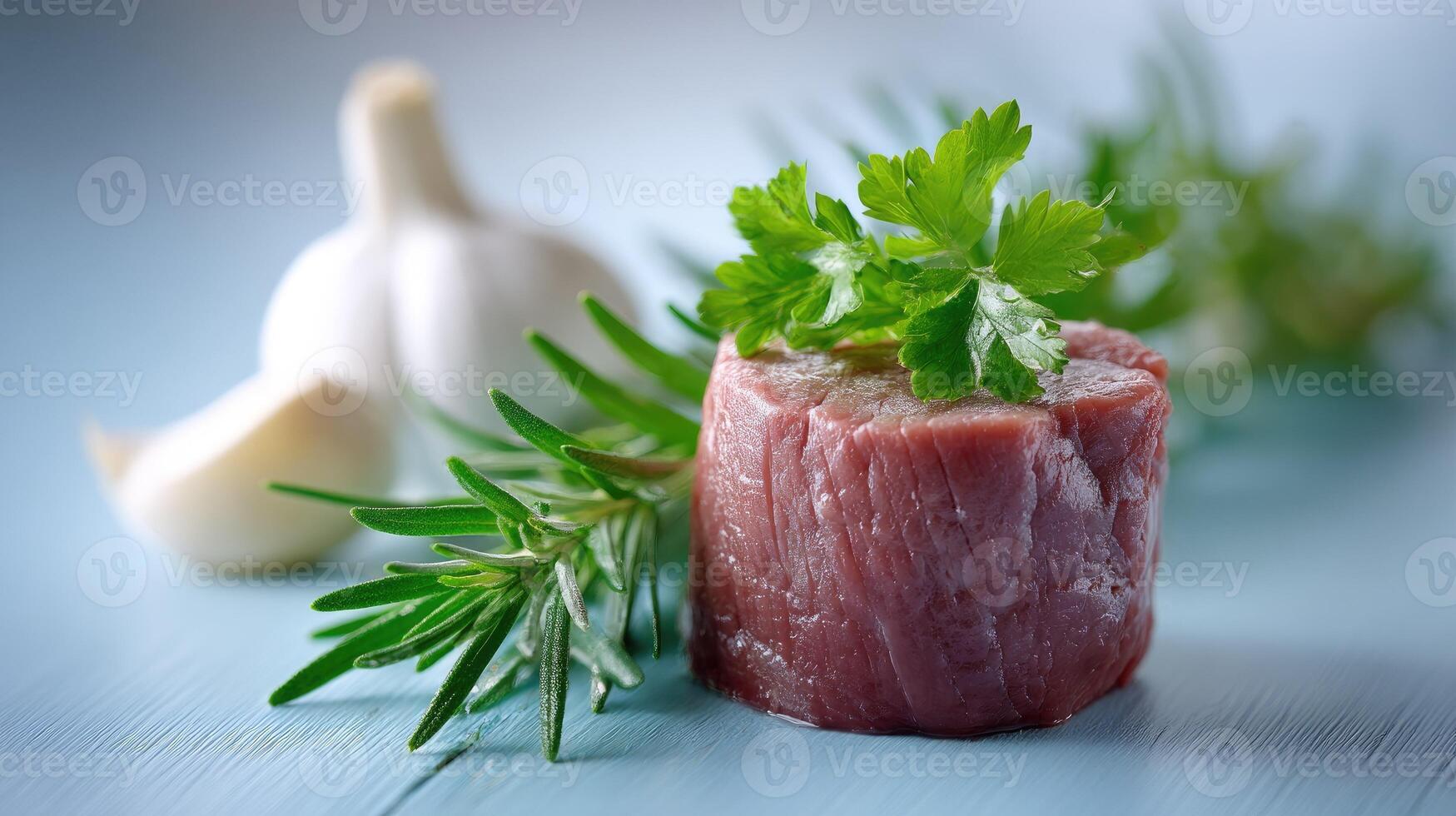 Raw beef steak with parsley and garlic on blue wooden table photo