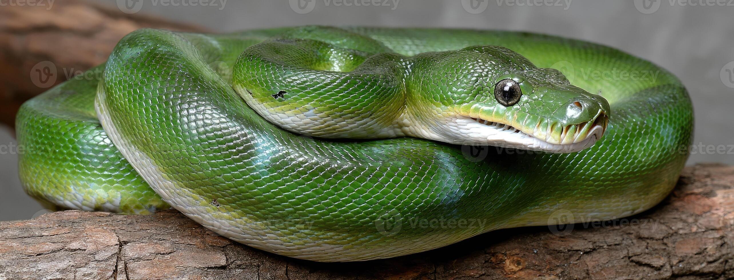 A green snake is sitting on a branch photo