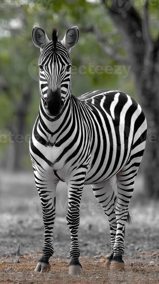 A black and white photo of a zebra standing in the woods