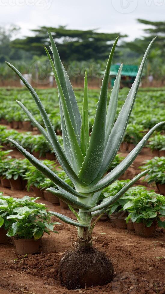 A large aloe plant in a field photo