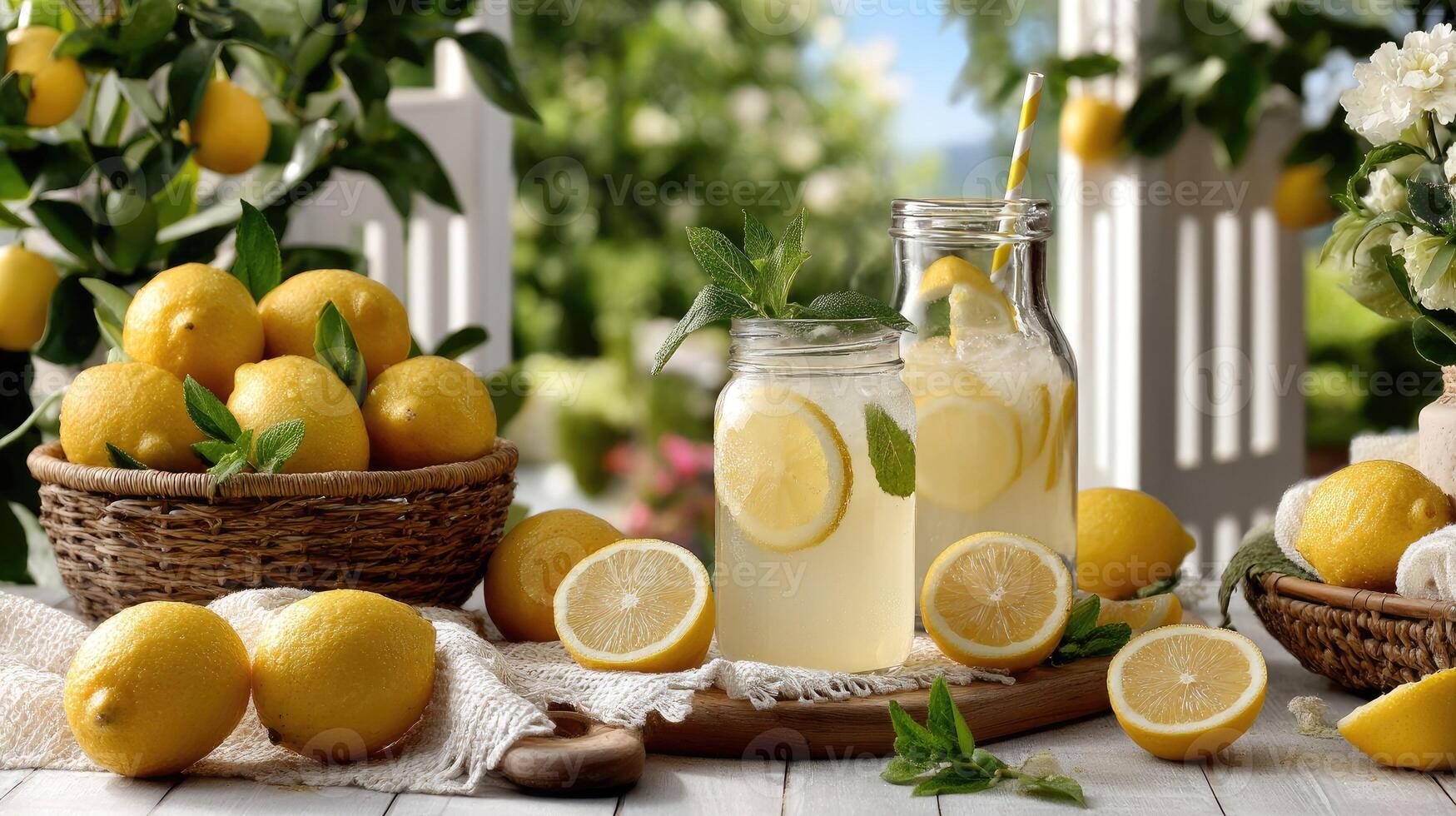 Lemonade with lemons and fresh herbs photo