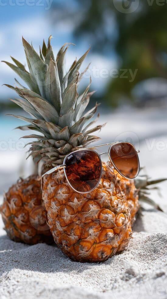 Pineapple with sunglasses on the beach photo