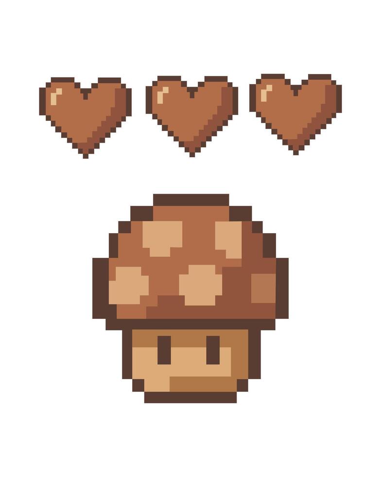 A whimsical pixel art illustration of a charming mushroom character. The three brown hearts floating above him suggests a life bar. A playful and adorable image for games or playful content. vector