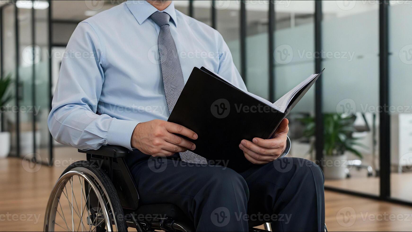 Businessman using a wheelchair is carefully reviewing a document in a bright, modern office environment, demonstrating inclusion and accessibility in the workplace photo