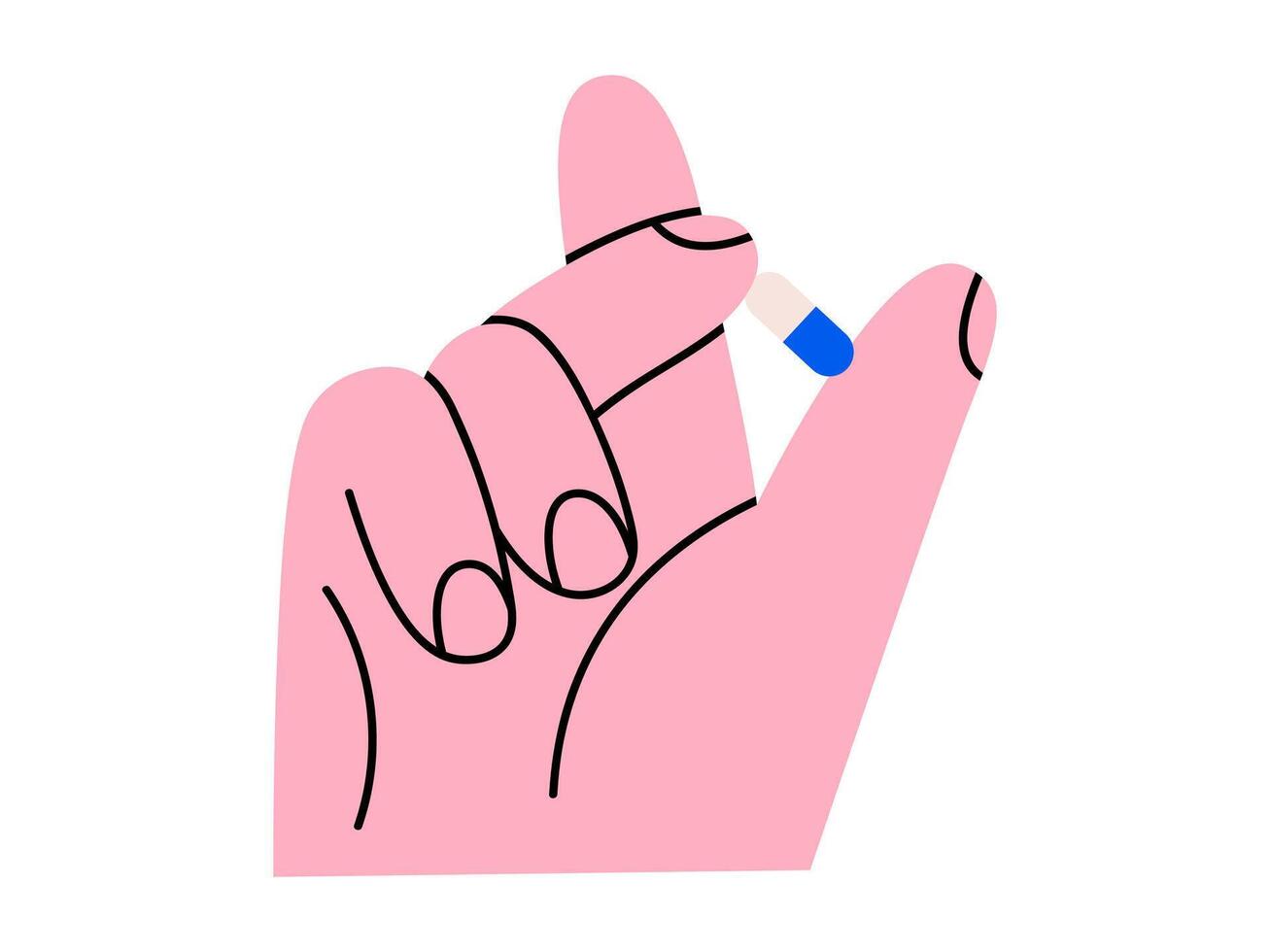 Hand drawn cute cartoon illustration of hand holding pill. Flat medicine treatment in arm doodle. Health care capsule sticker, icon. Doctor prescription. Pharmacy help or support. Isolated. vector