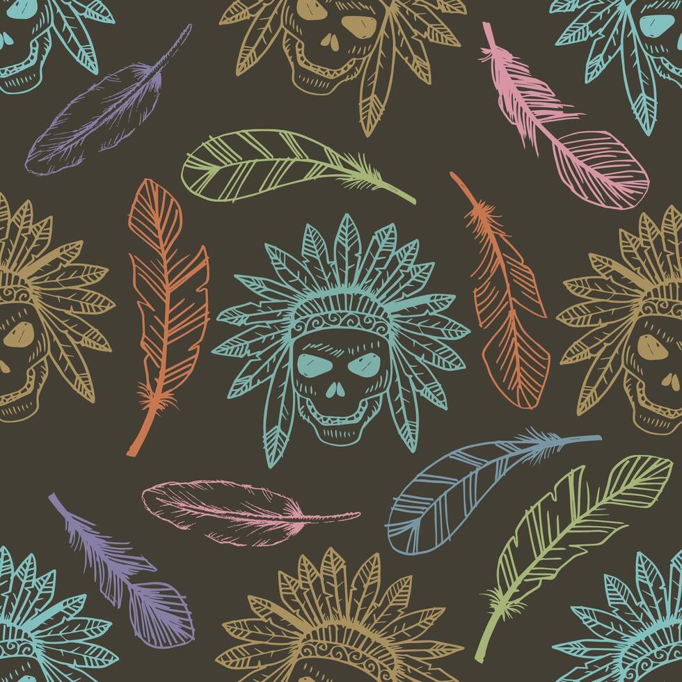 Seamless pattern with skull native American headdress and feathers. vector