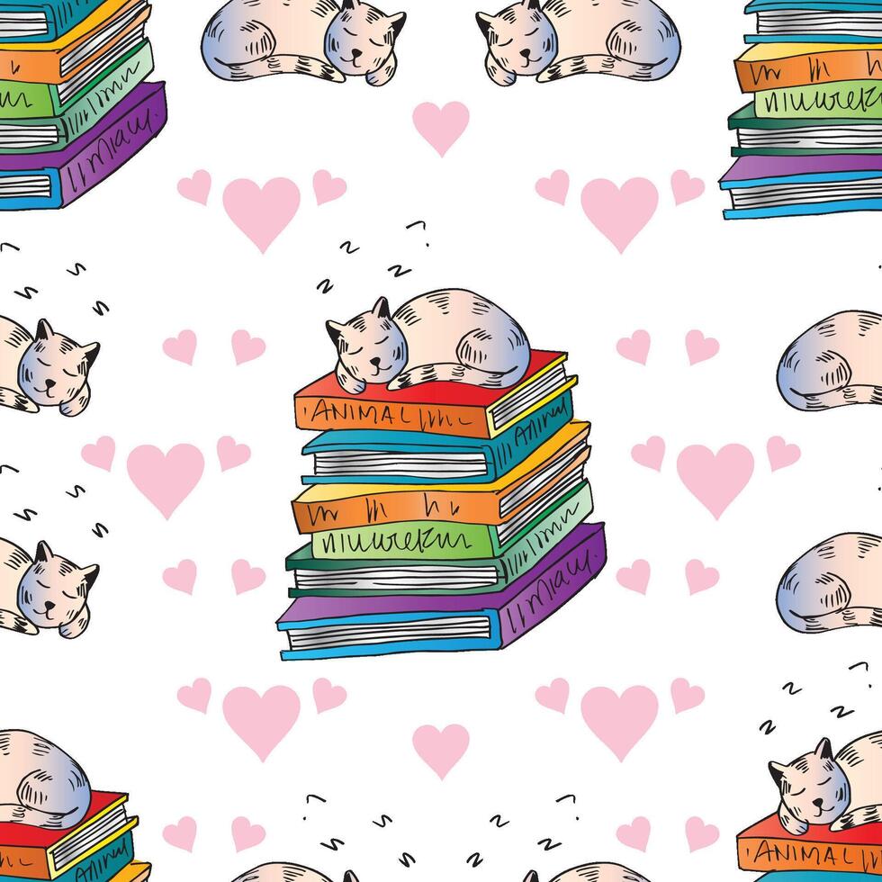 Seamless pattern with sleeping cat on a stack of books with hearts vector