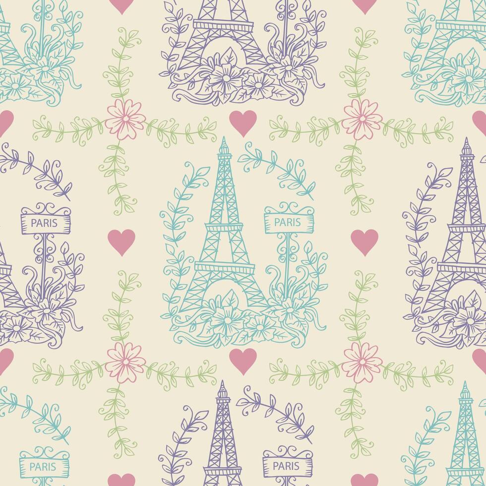 Seamless pattern with eiffel tower, hearts, and floral elements vector