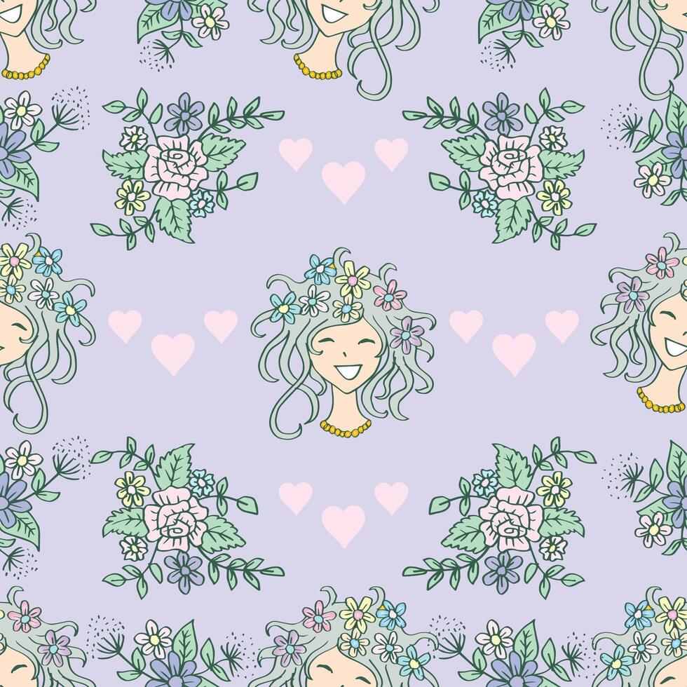 Seamless pattern with smiling girl with floral crown and hearts vector