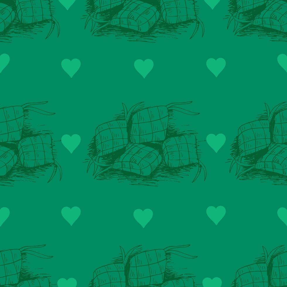 Seamless pattern with ketupat and hearton green background. vector