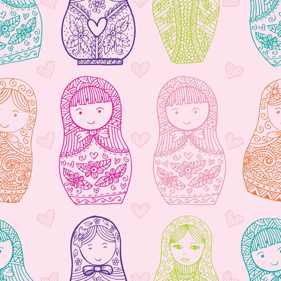 Seamless pattern of hand-drawn matryoshka dolls with hearts and floral details vector