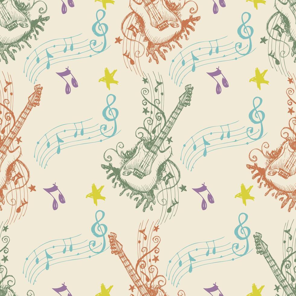 Seamless pattern with hand-drawn electric guitars and musical notes vector
