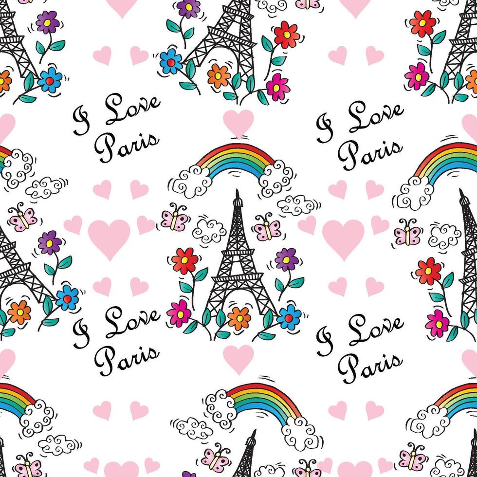 Seamless pattern with cute I love Paris eiffel tower, flowers, rainbows and butterflies vector