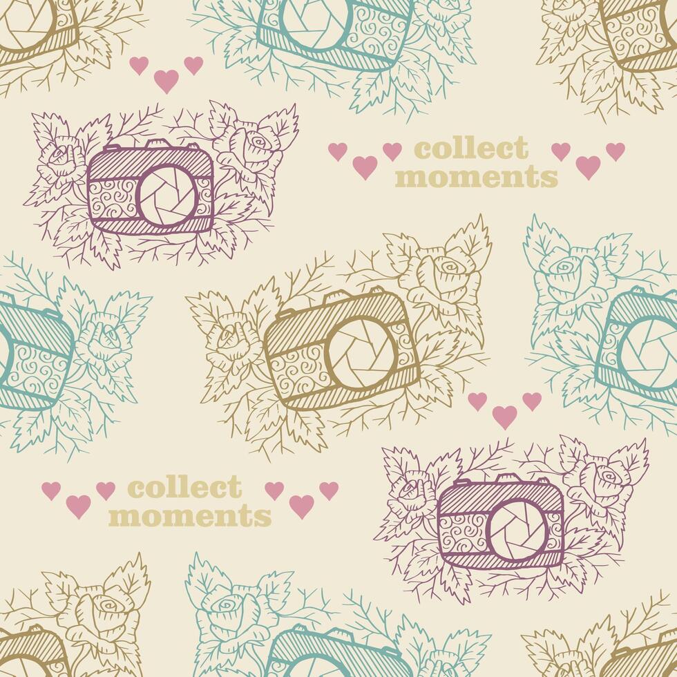 Seamless pattern with collect moments vintage camera and rose illustration vector