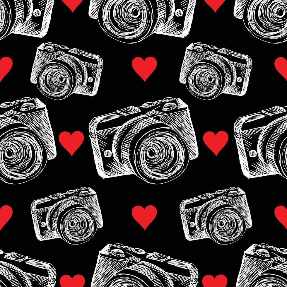 Seamless pattern with hand drawn retro camera on black background. vector