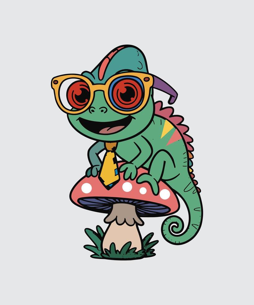 art of Cartoon chameleon with glasses and tie sitting on a mushroom vector