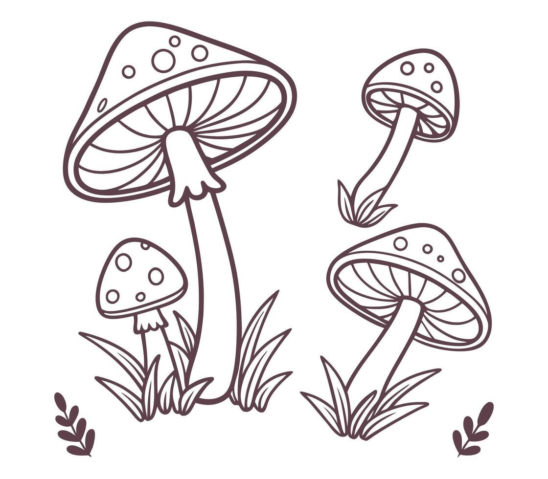 A charming cartoon red autumn mushroom and white fungi in the grass, a natural forest food illustration vector