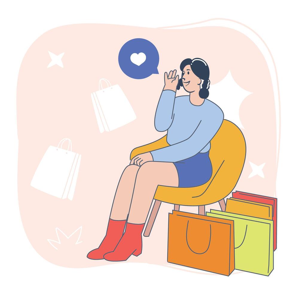 Woman Sitting on Chair with Shopping Bags, Online Shopping Concept, Flat Illustration Style vector
