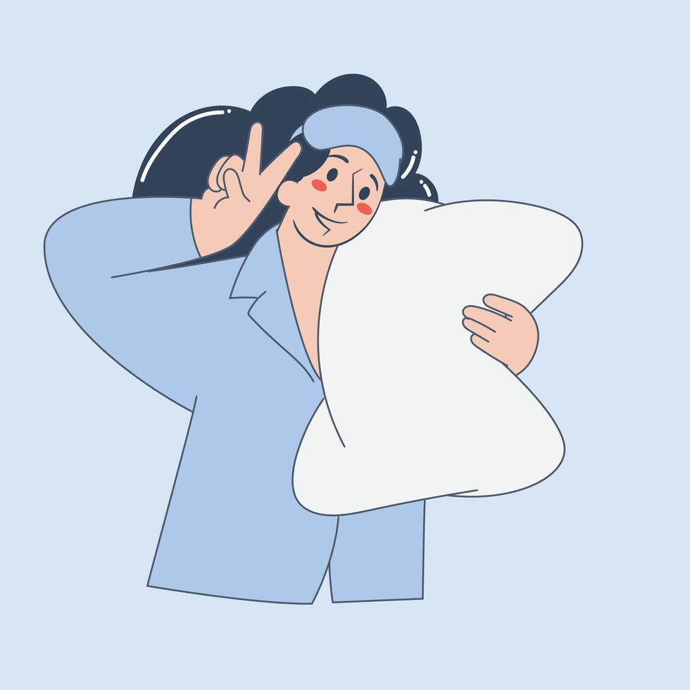 Cheerful Girl in Pajamas with Pillow and Sleep Mask Illustration vector