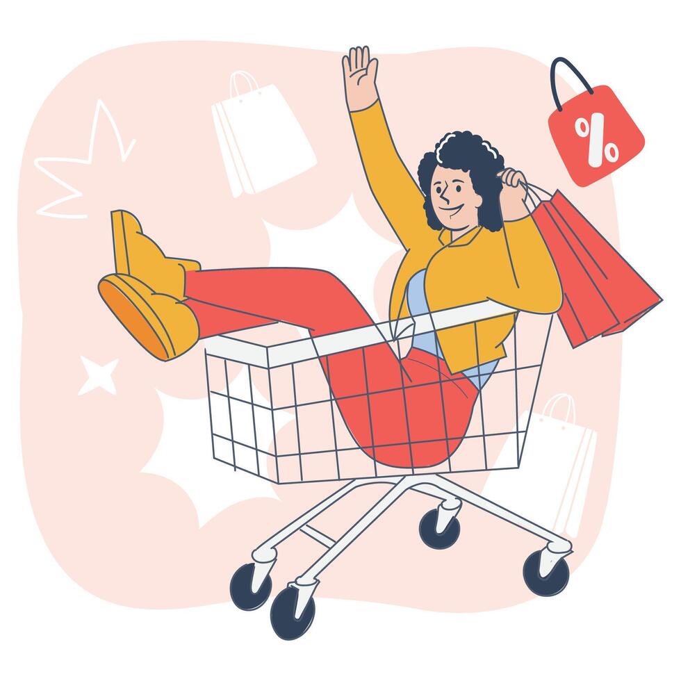 Excited woman riding shopping cart with shopping bags, illustration for e-commerce and discounts vector