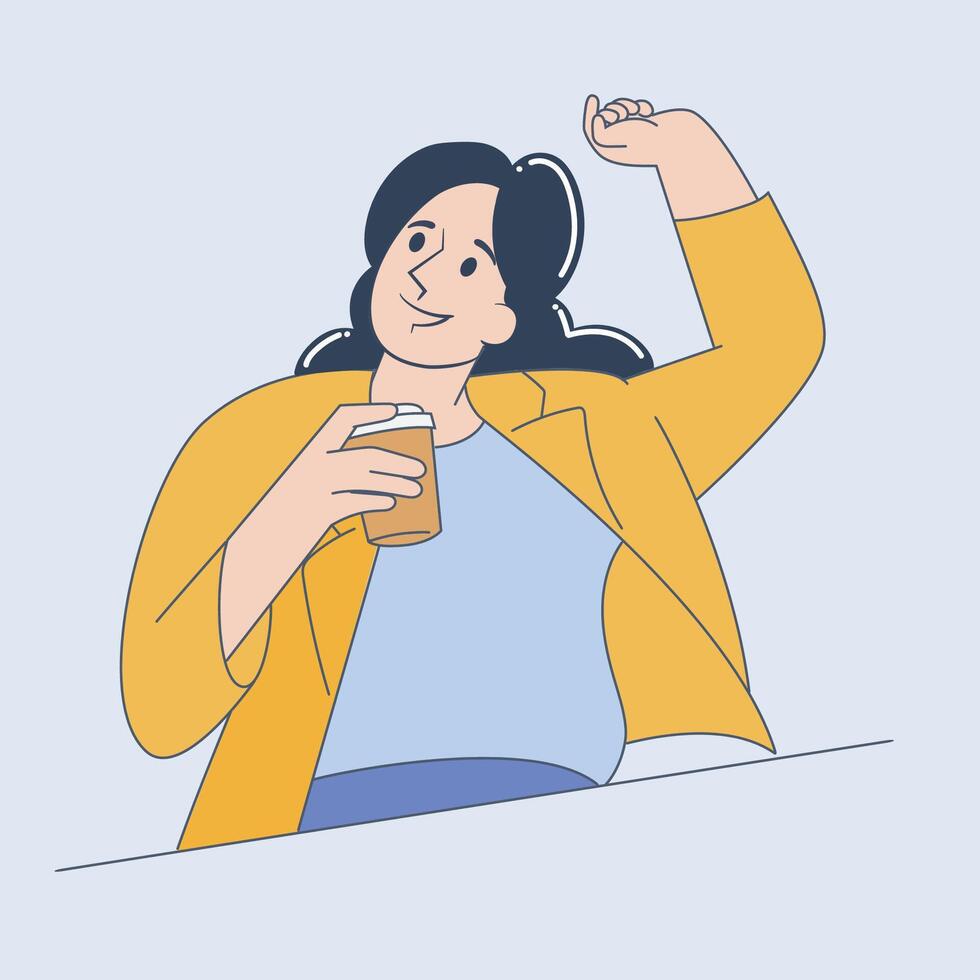 Happy Woman Holding Coffee Cup and Stretching, Morning Routine Illustration vector