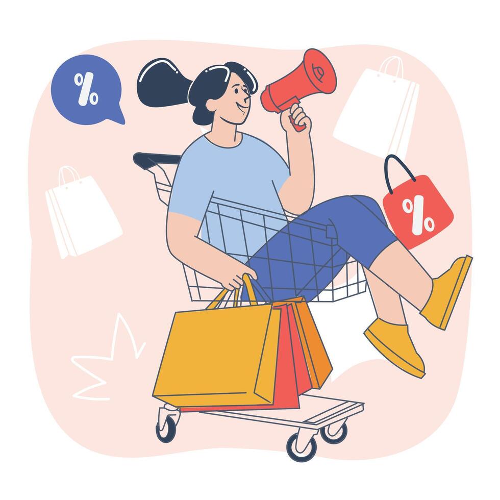 Happy woman riding shopping cart with megaphone and shopping bags illustration for e-commerce and sales vector