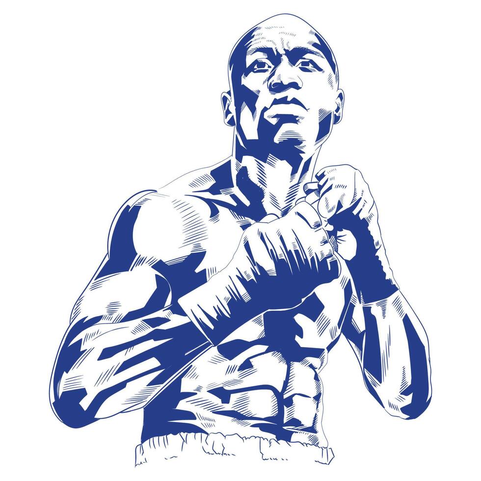 A blue and white drawing of a boxer vector