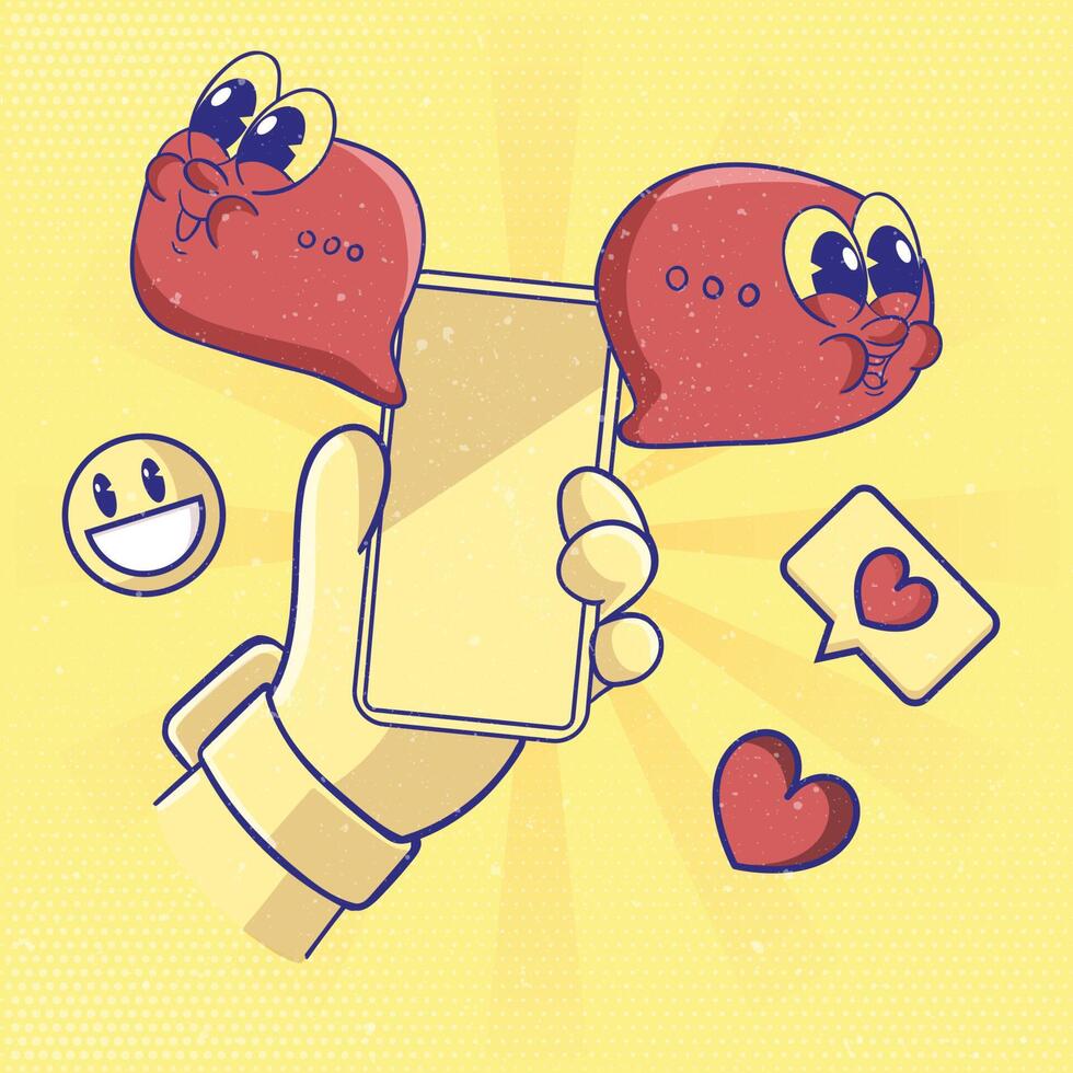 A hand holding a phone with two hearts on it vector