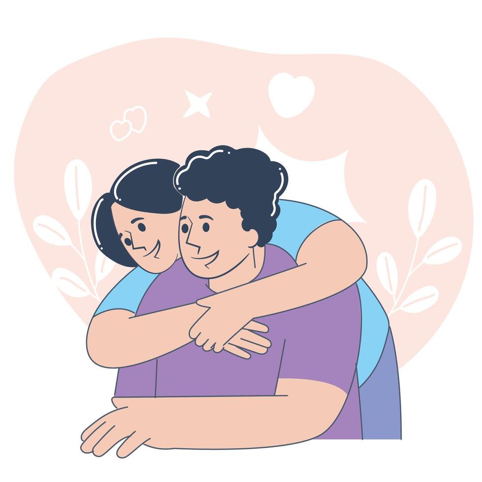 Affectionate Couple Hugging from Behind, Sweet Romantic Flat Illustration vector