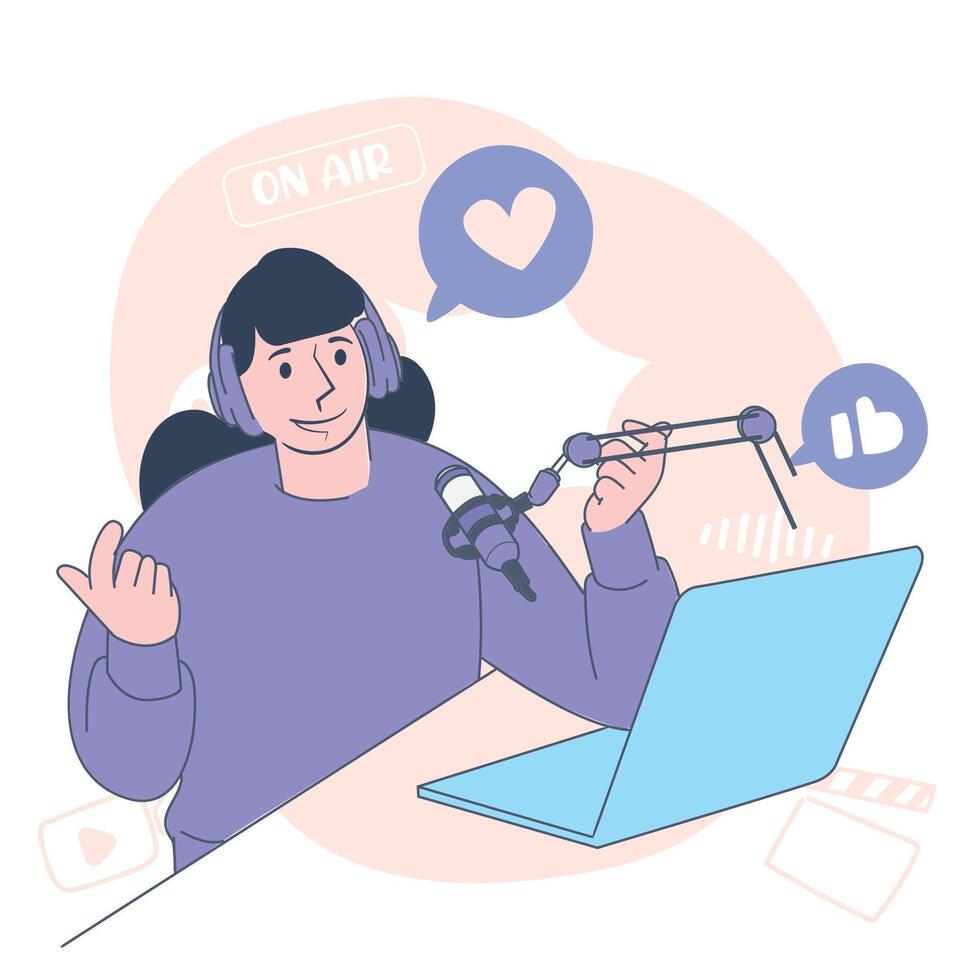 Hosting Podcast at Laptop with Microphone Illustration vector