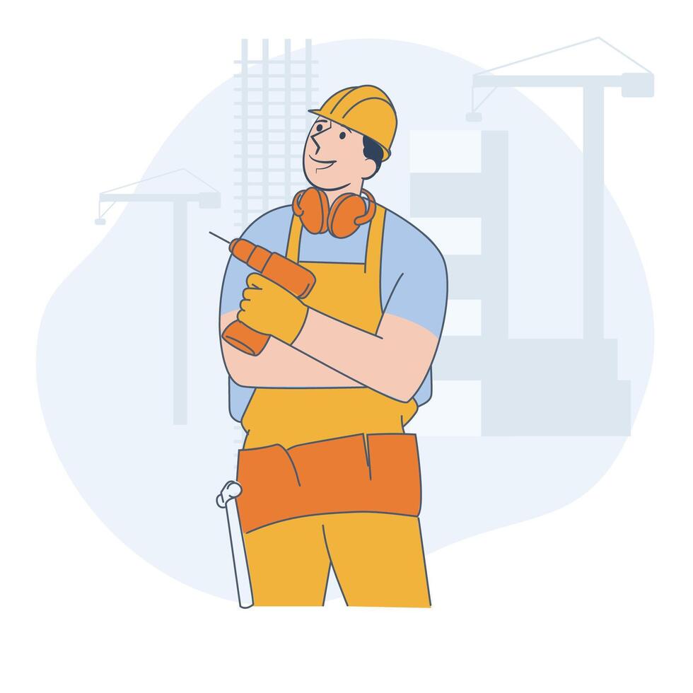 Male Construction Worker Holding a Drill Flat Illustration vector