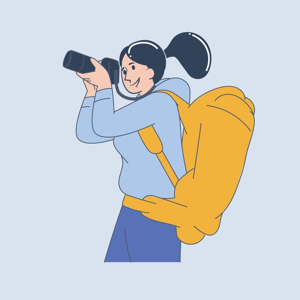 Female Traveler Taking Photos on an Adventure vector