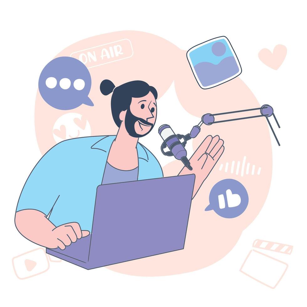 Man with Beard Hosting a Podcast at Laptop Illustration vector
