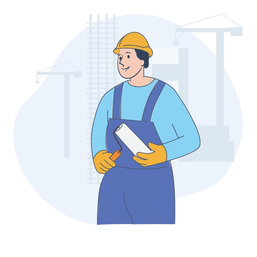 Construction Worker Holding Paint Roller, Flat Illustration vector