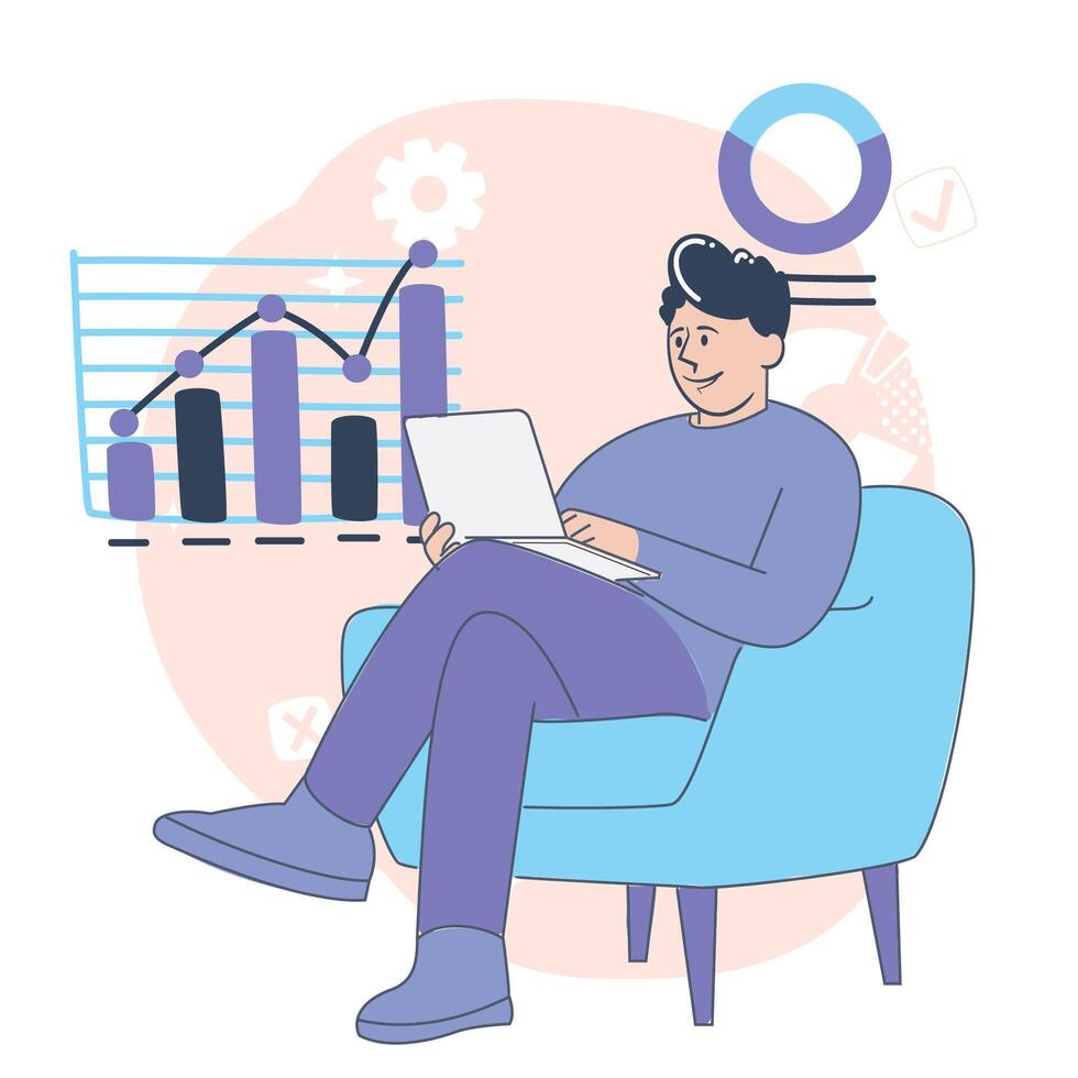 Man Analyzing Business Growth on Laptop Illustration vector